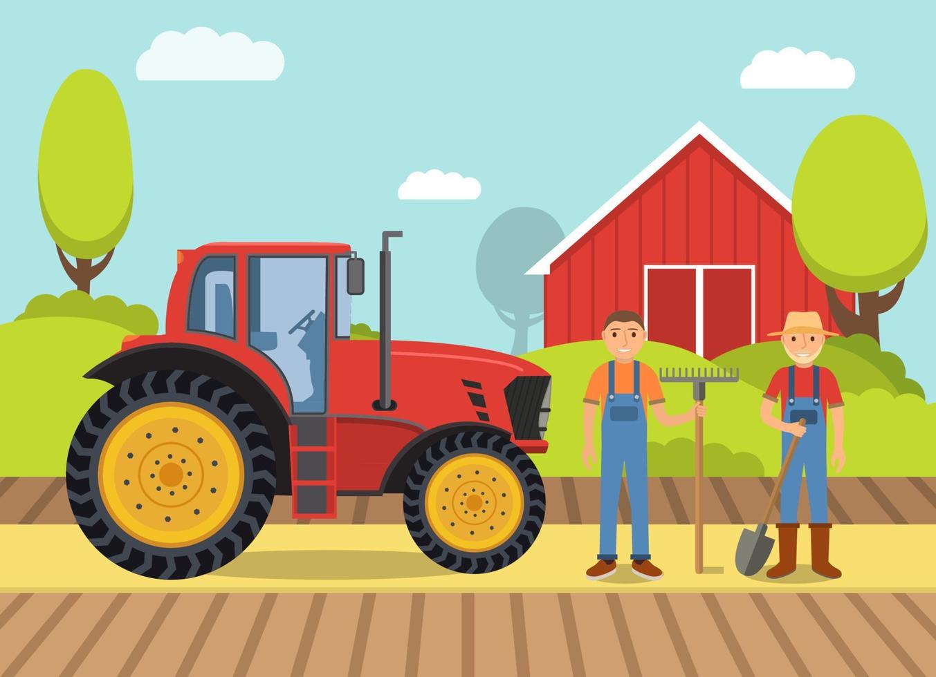 Tractor farm.Heavy agricultural vehicles machinery field work harvesting.Cartoon vector flat design.Transport side view.Rural landscape barn,trees.Two man farmers beard,shovel,rake.