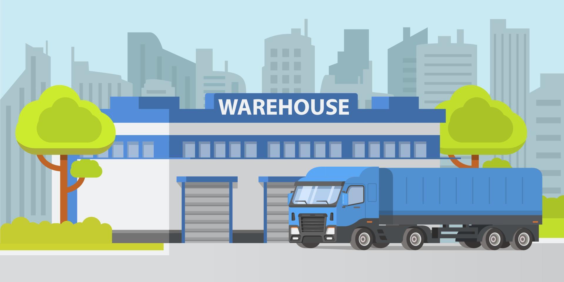 Warehouse building semi-trailer truck road car.Design vehicle cargo delivery logistics.Banner,websites.Flat vector.Refrigerated trailer.City landscape skyscraper.Industrial factory commercial storage. vector