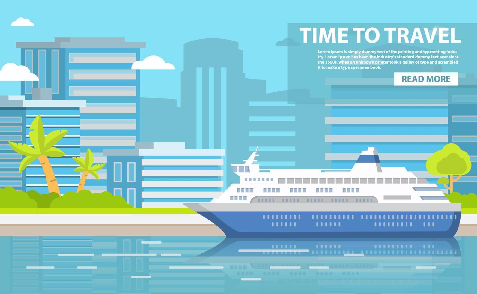 The cruise ocean liner passenger of a tropical sea landscape with palm trees and the sandy beach.The city on the island for summer holiday of tourists during the holiday.In flat a vector. vector