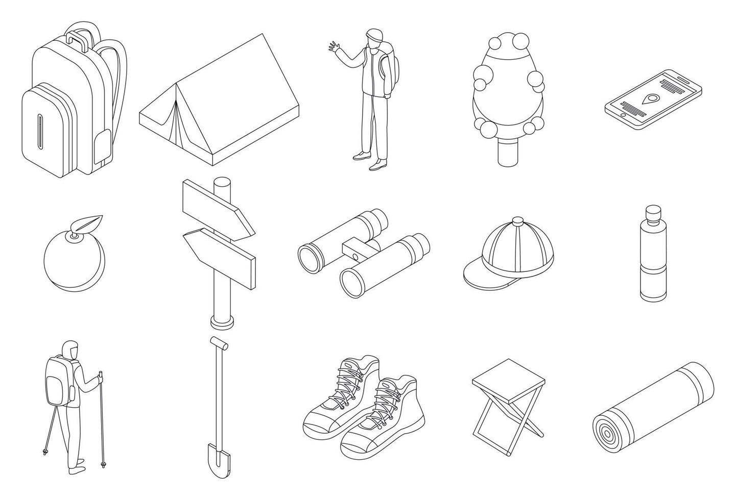 Hiking icons set vector outline