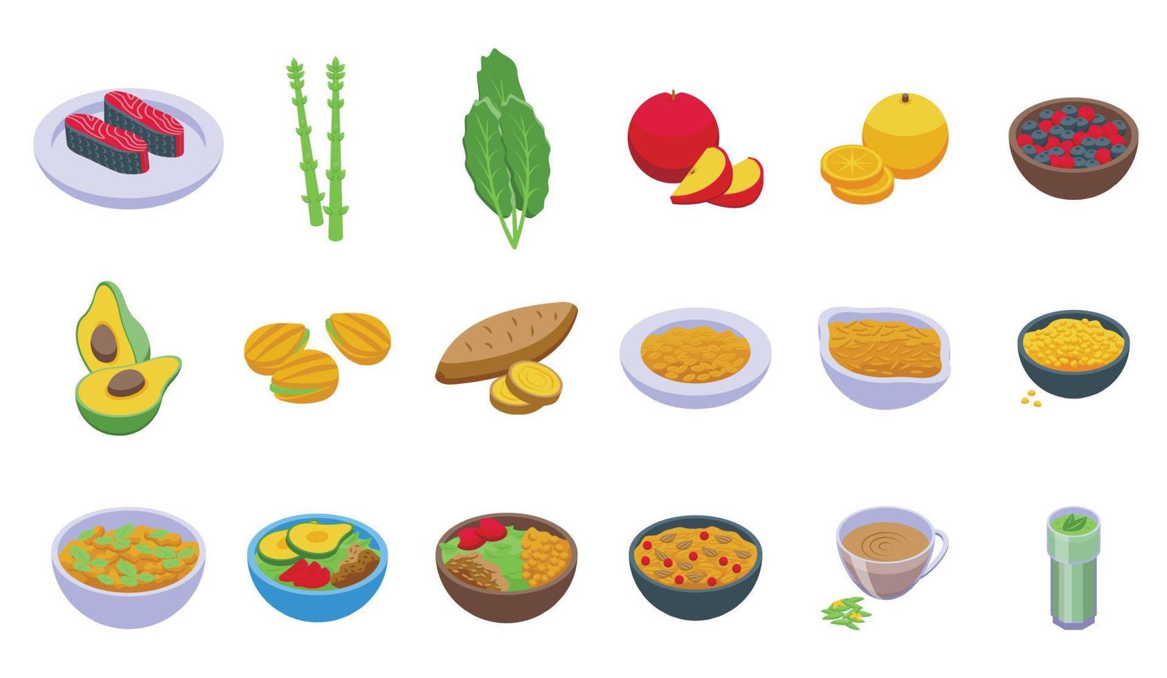 iconos de dieta ayurvédica establecen vector isométrico. comer comida