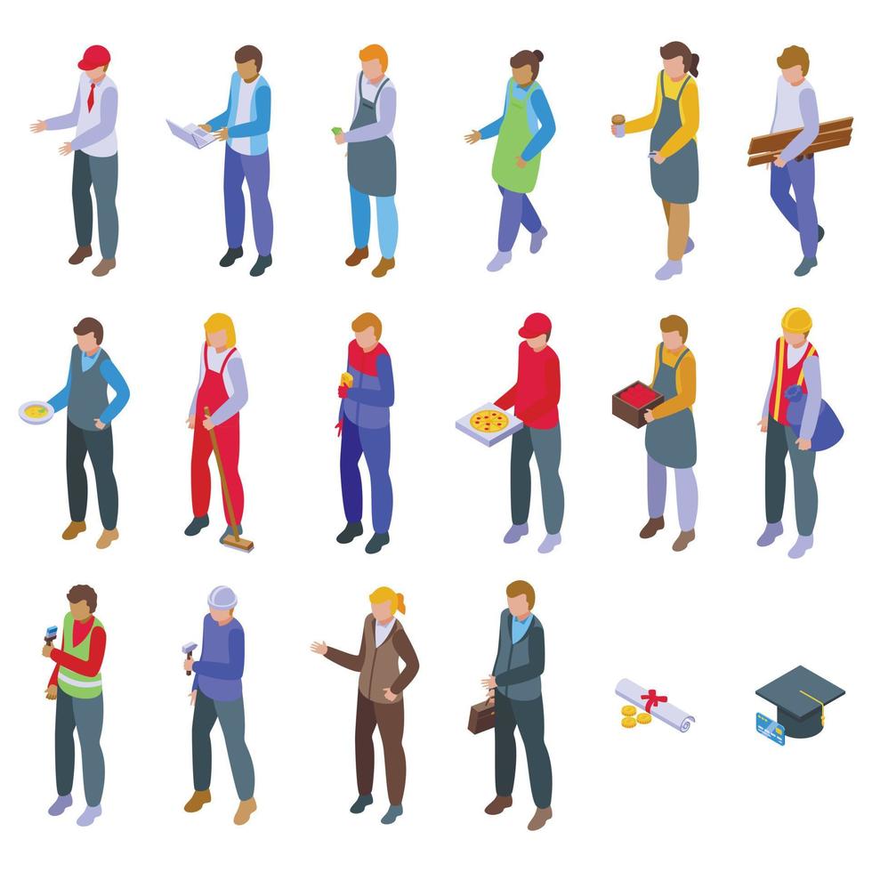 Teenagers first job icons set isometric vector. School girl vector