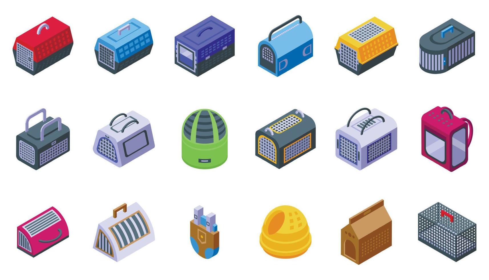 Cat carrier icons set isometric vector. Canine cage vector