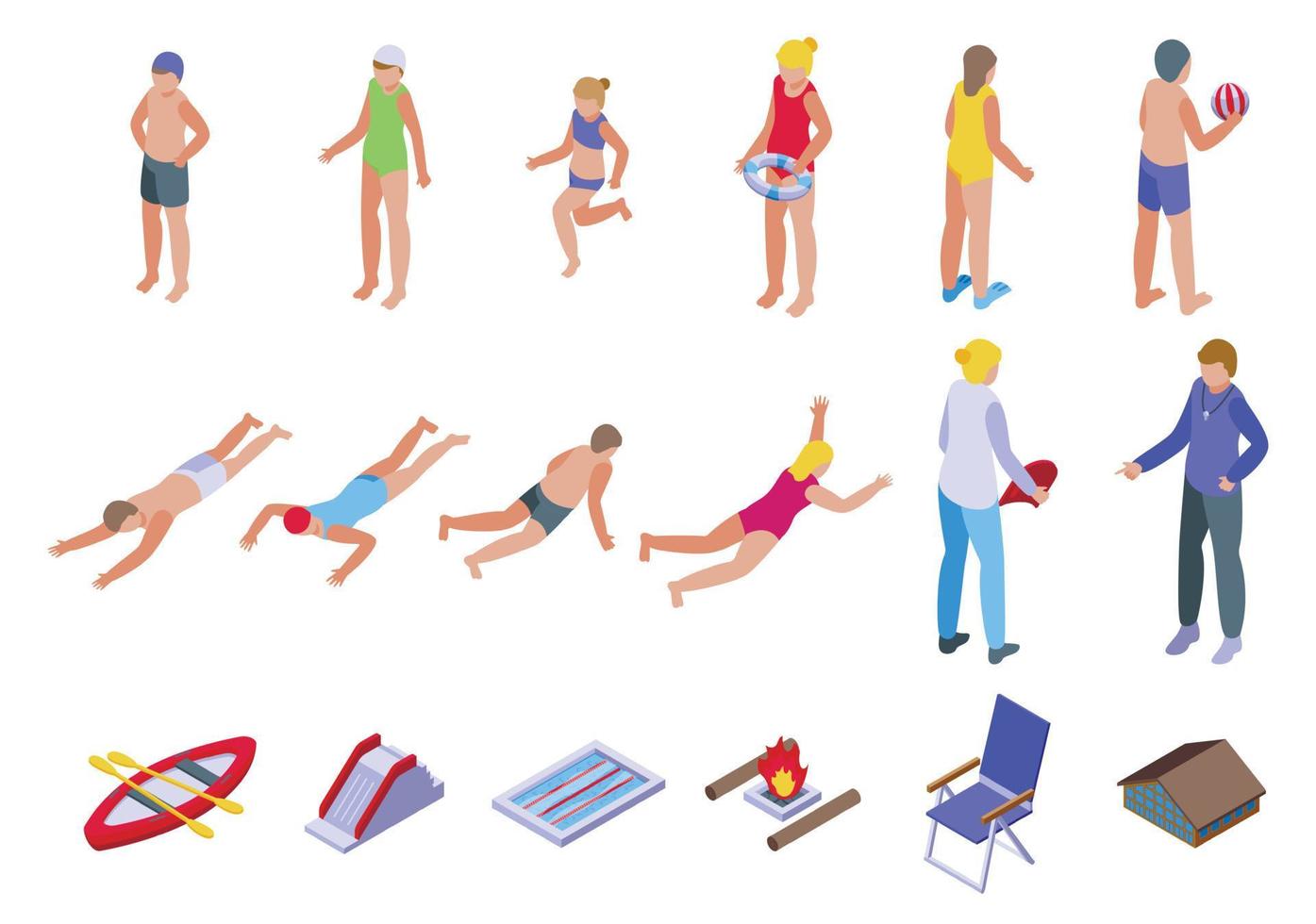 Swim camp icons set isometric vector. Water beach vector