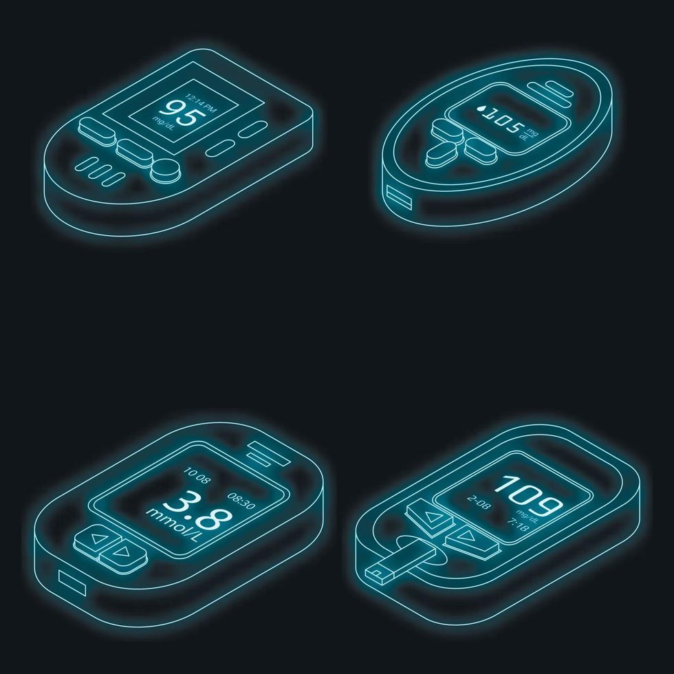 Glucose meter icons set vector neon
