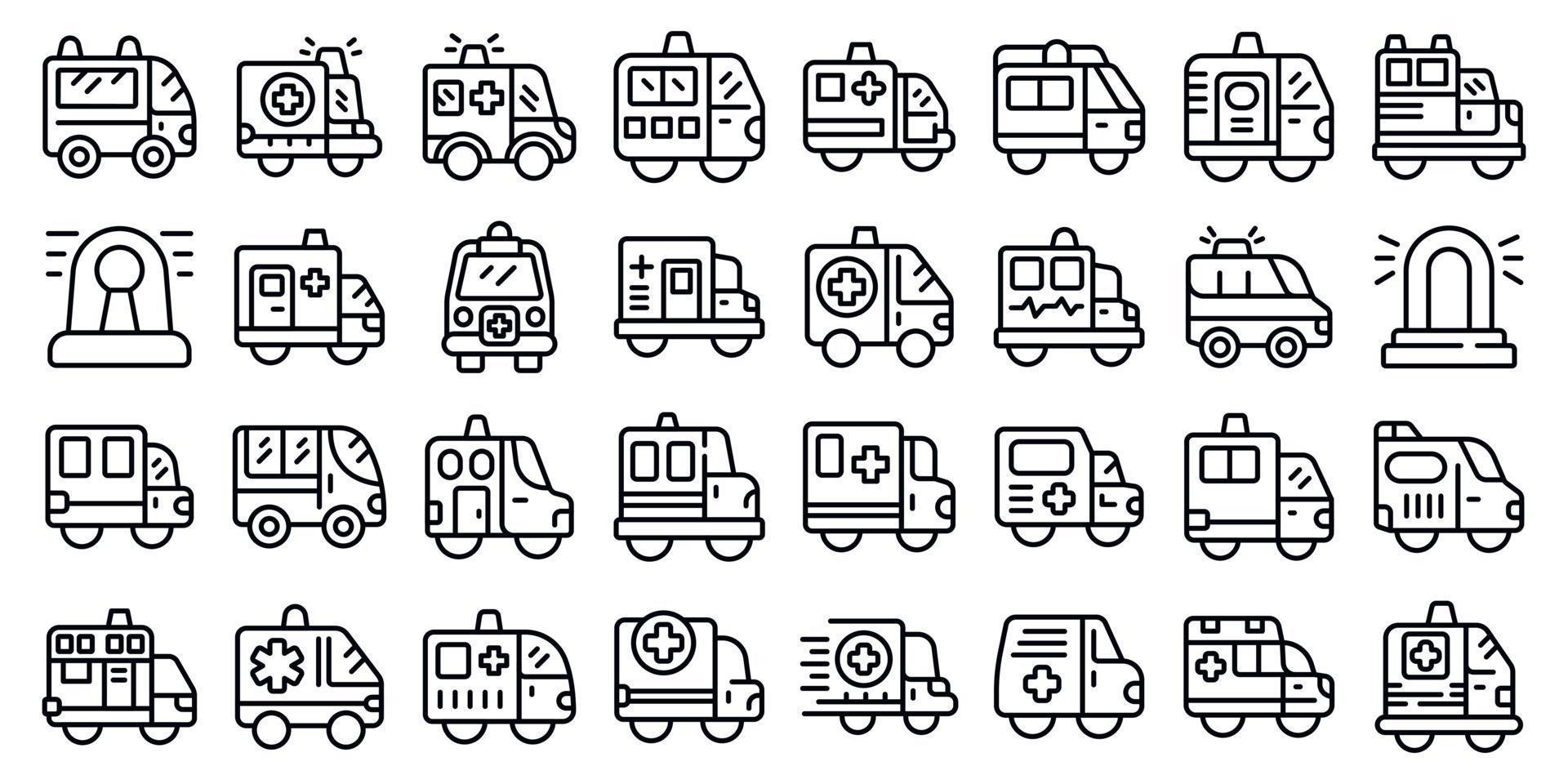 los iconos de los vehículos de emergencia establecen el vector de contorno. transporte en ambulancia