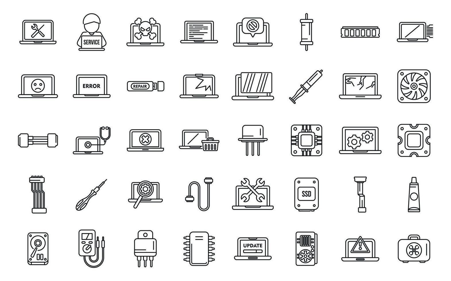 Laptop repair icons set outline vector. Repair computer vector