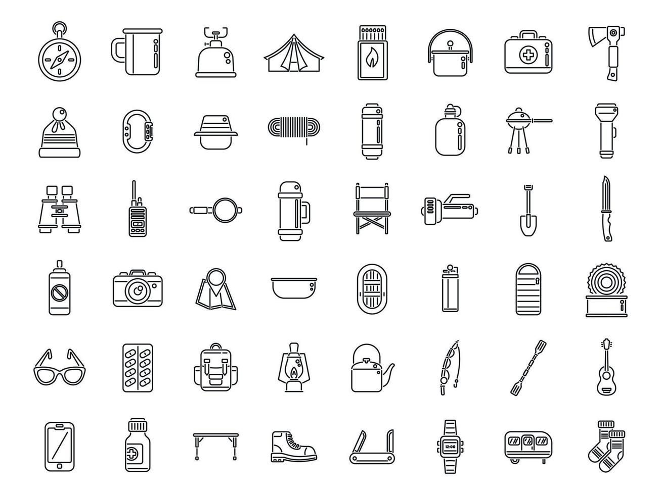 Equipment for hike icons set outline vector. Hiker backpack vector