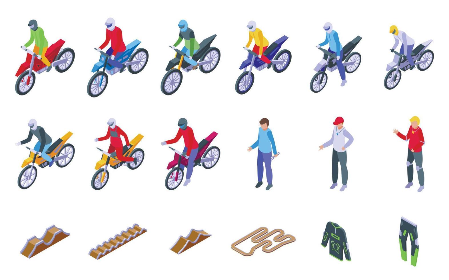 Motocross icons set isometric vector. Jump competition vector