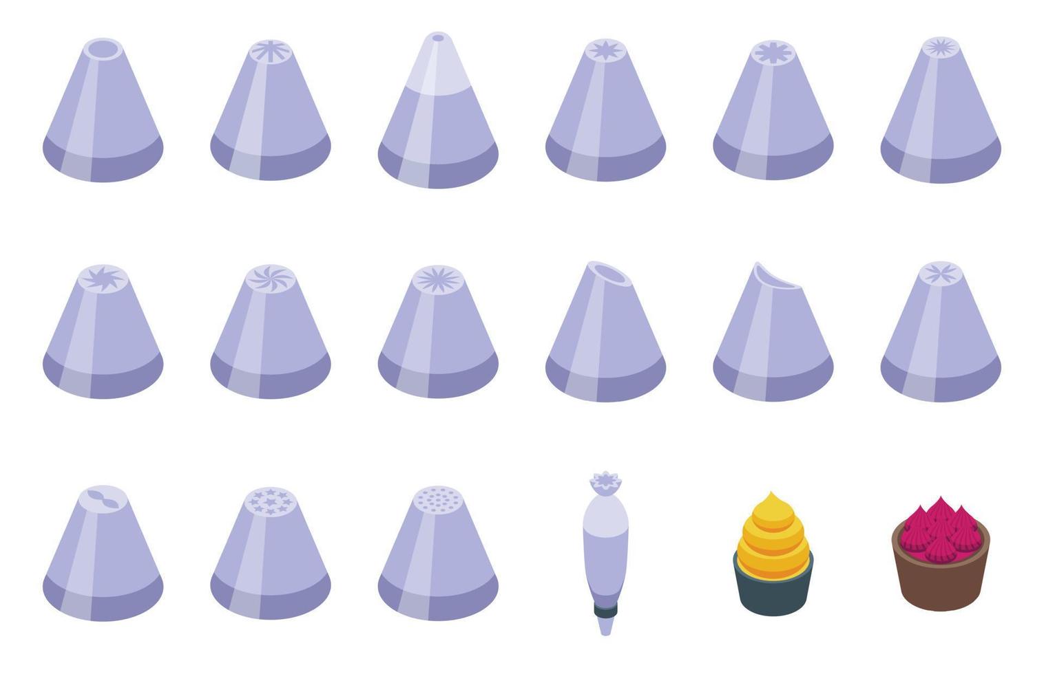 Icing nozzles icons set isometric vector. Cake decoration vector