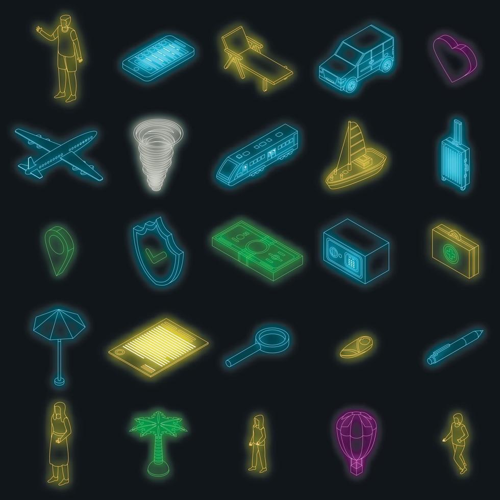 conjunto de iconos de seguro de viaje familiar neón vectorial vector