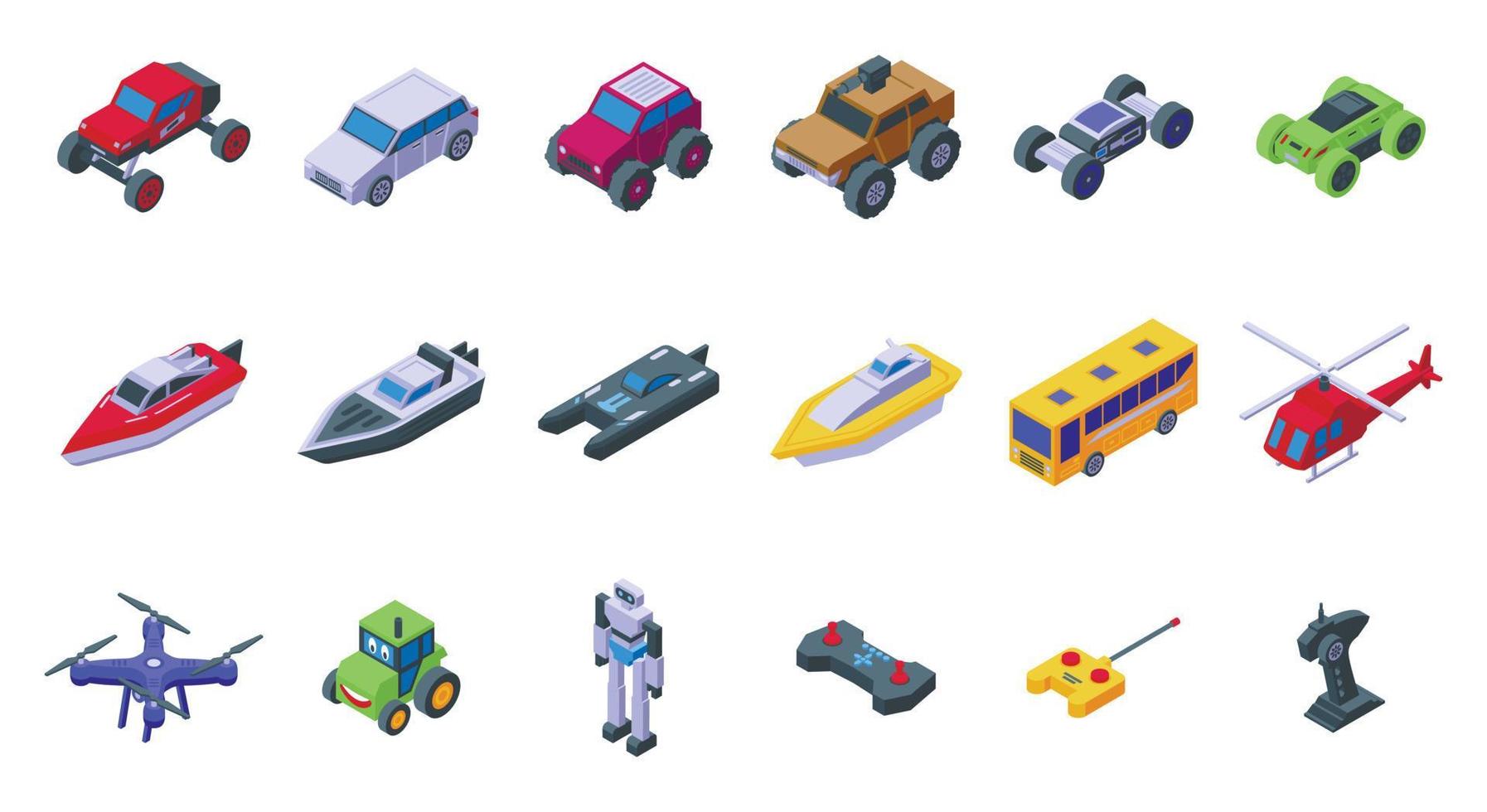 Radio control toys icons set isometric vector. Rc toy vector