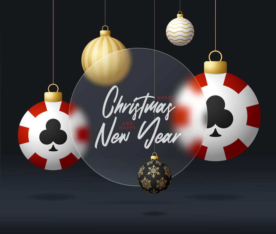 Casino poker Christmas sale banner or greeting card. happy new year and merry christmas banner with glassmorphism, glass-morphism or glass morphism blur effect. Realistic vector illustration