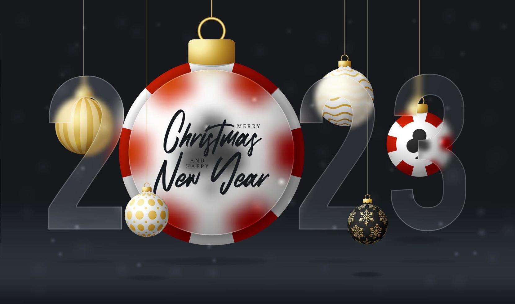 poker casino 2023 sale banner or greeting card. Merry Christmas and happy new year 2023 banner with glassmorphism or glass-morphism blur effect. Realistic vector illustration.