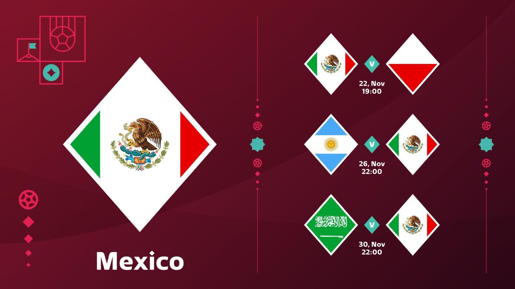 Calendario de partidos de la selección de México en la etapa final del campeonato mundial de fútbol 2022. ilustración vectorial de los partidos de fútbol mundial 2022. vector