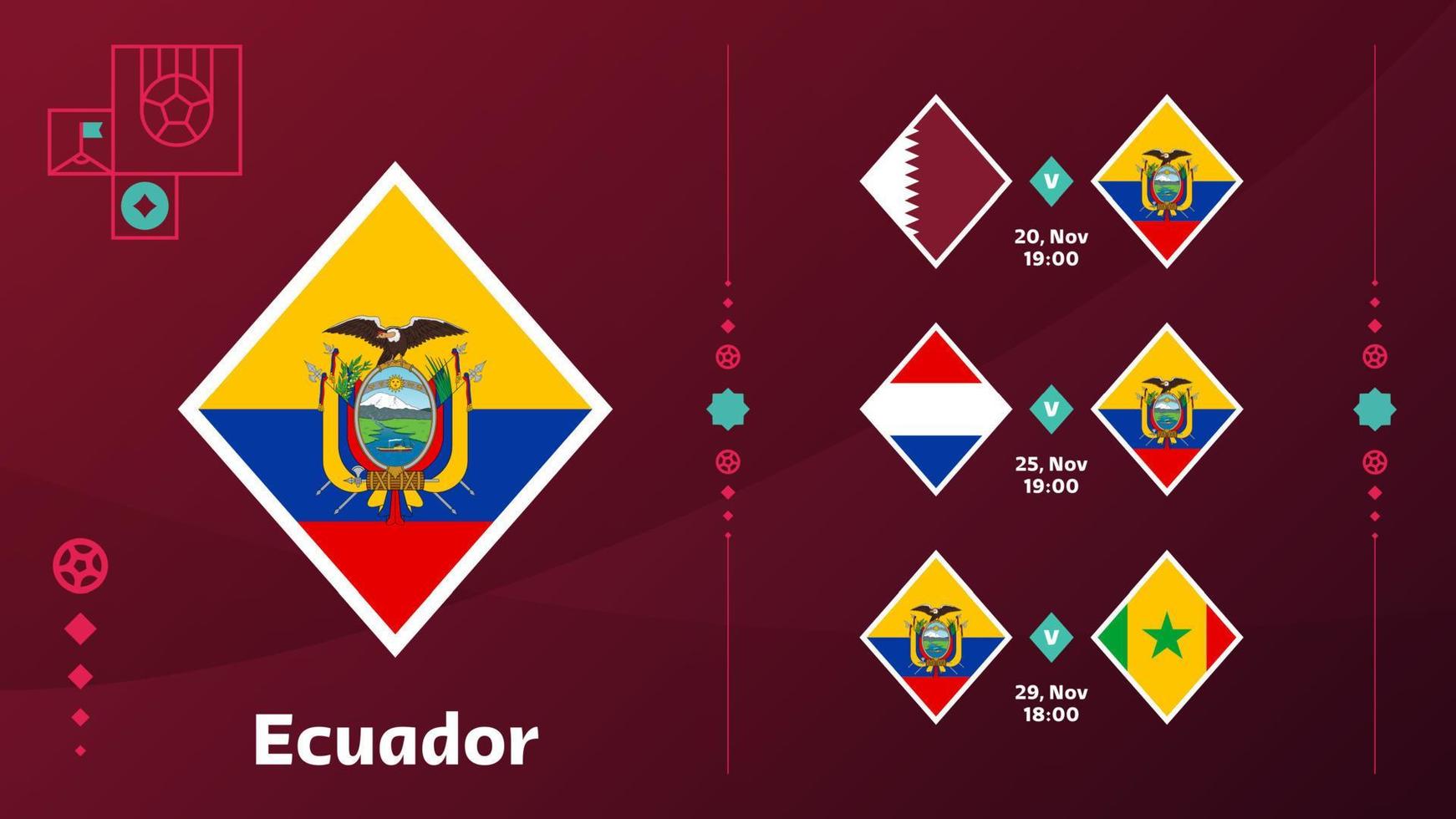 La selección de ecuador programa los partidos de la etapa final del campeonato mundial de fútbol 22. ilustración vectorial de los 22 partidos de fútbol mundial. vector