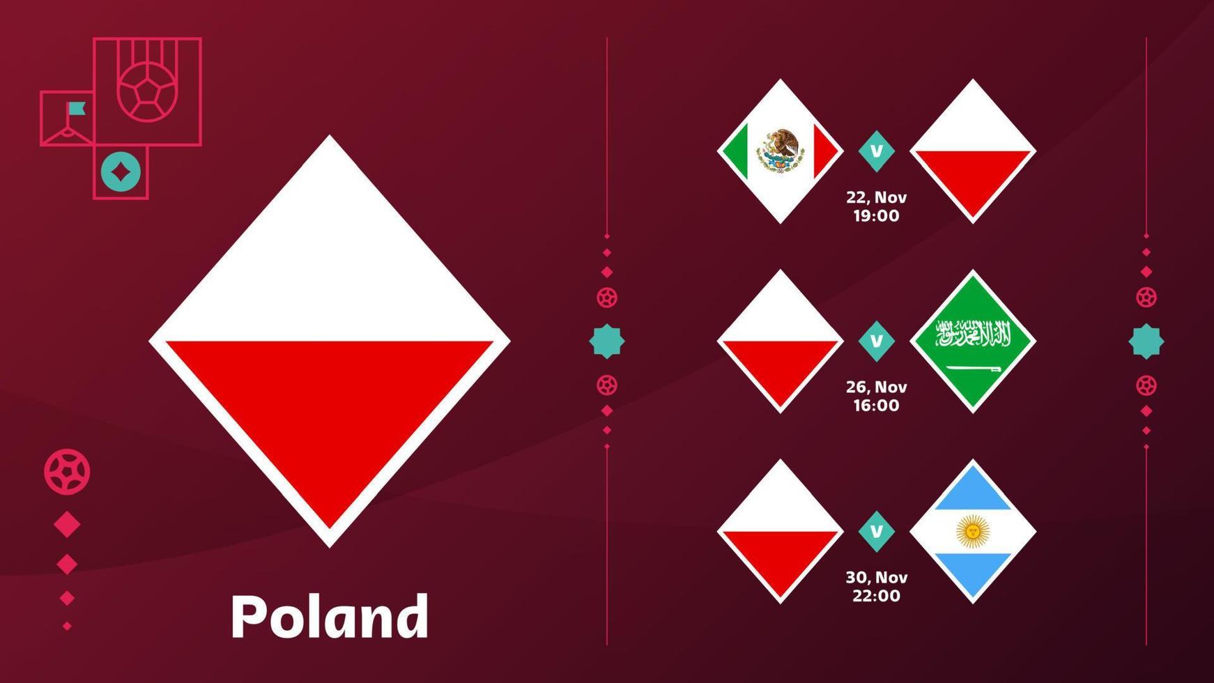 la selección de polonia programa los partidos de la fase final del campeonato mundial de fútbol de 2022. ilustración vectorial de los partidos de fútbol mundial 2022. vector