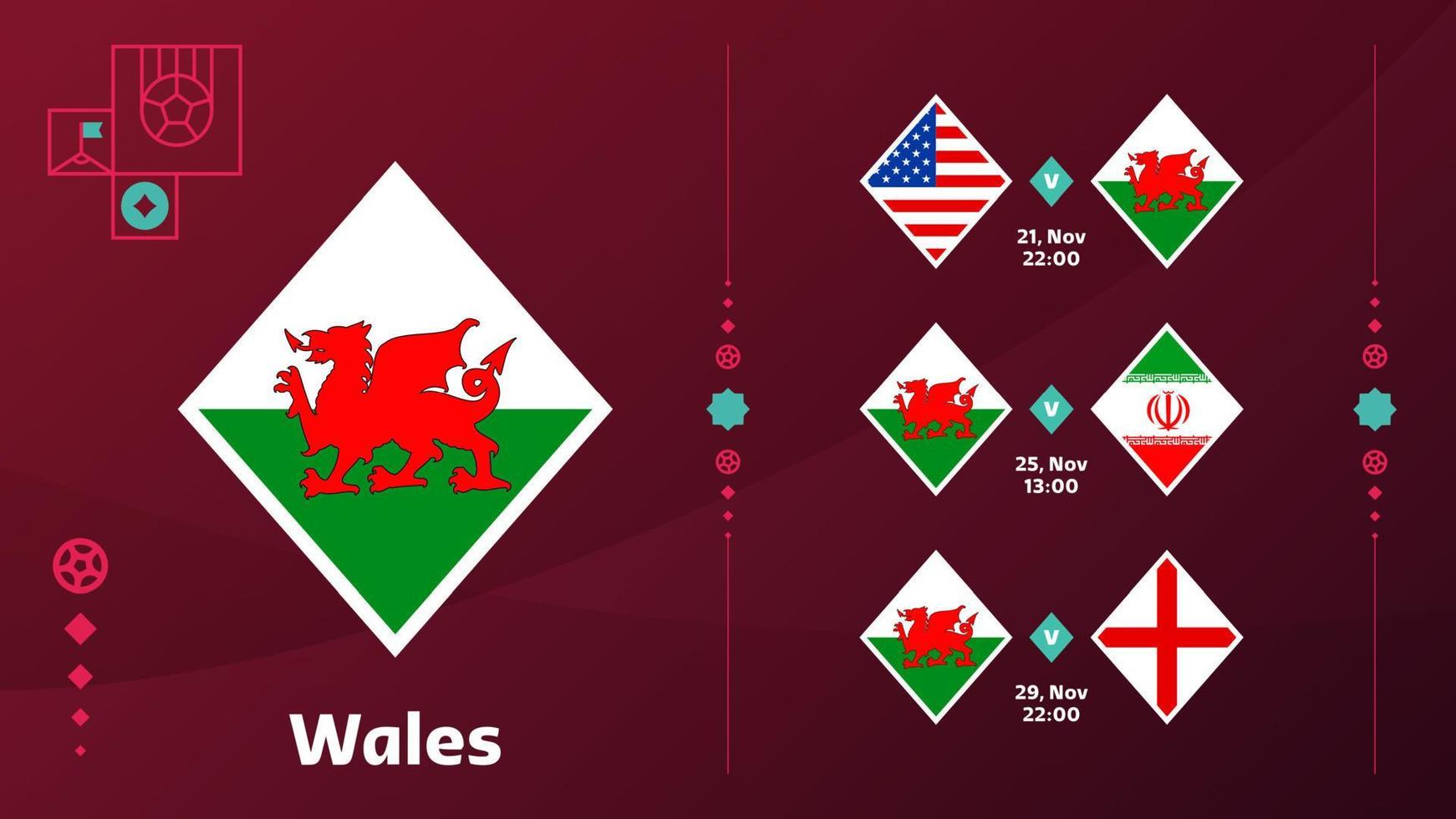 El equipo nacional de Gales programa los partidos de la fase final del campeonato mundial de fútbol de 2022. ilustración vectorial de los partidos de fútbol mundial 2022. vector