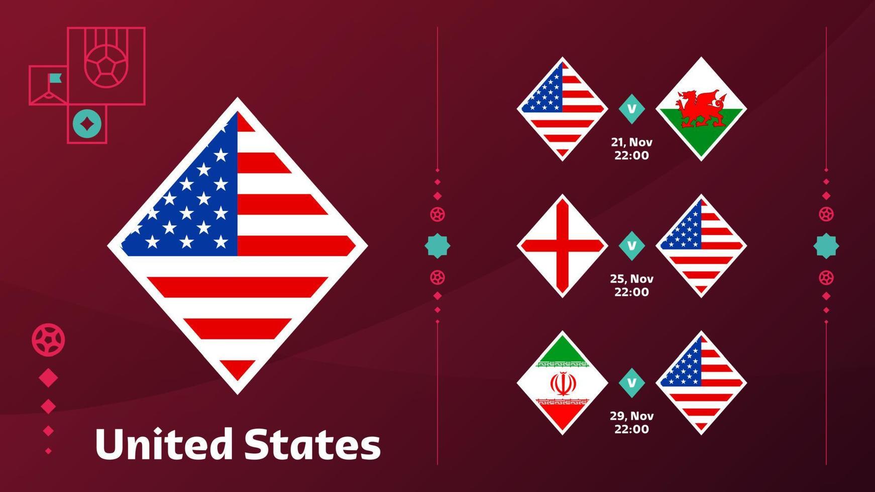 united states national team Schedule matches in the final stage at the 2022 Football World Championship. Vector illustration of world football 2022 matches.