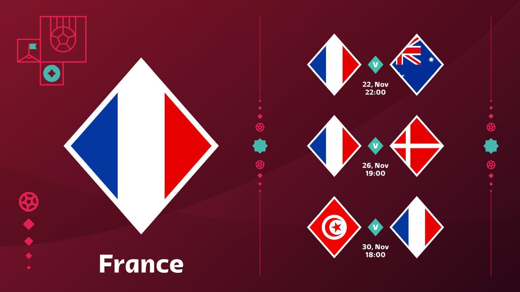 La selección de francia programa los partidos de la fase final del campeonato mundial de fútbol de 2022. ilustración vectorial de los partidos de fútbol mundial 2022. vector