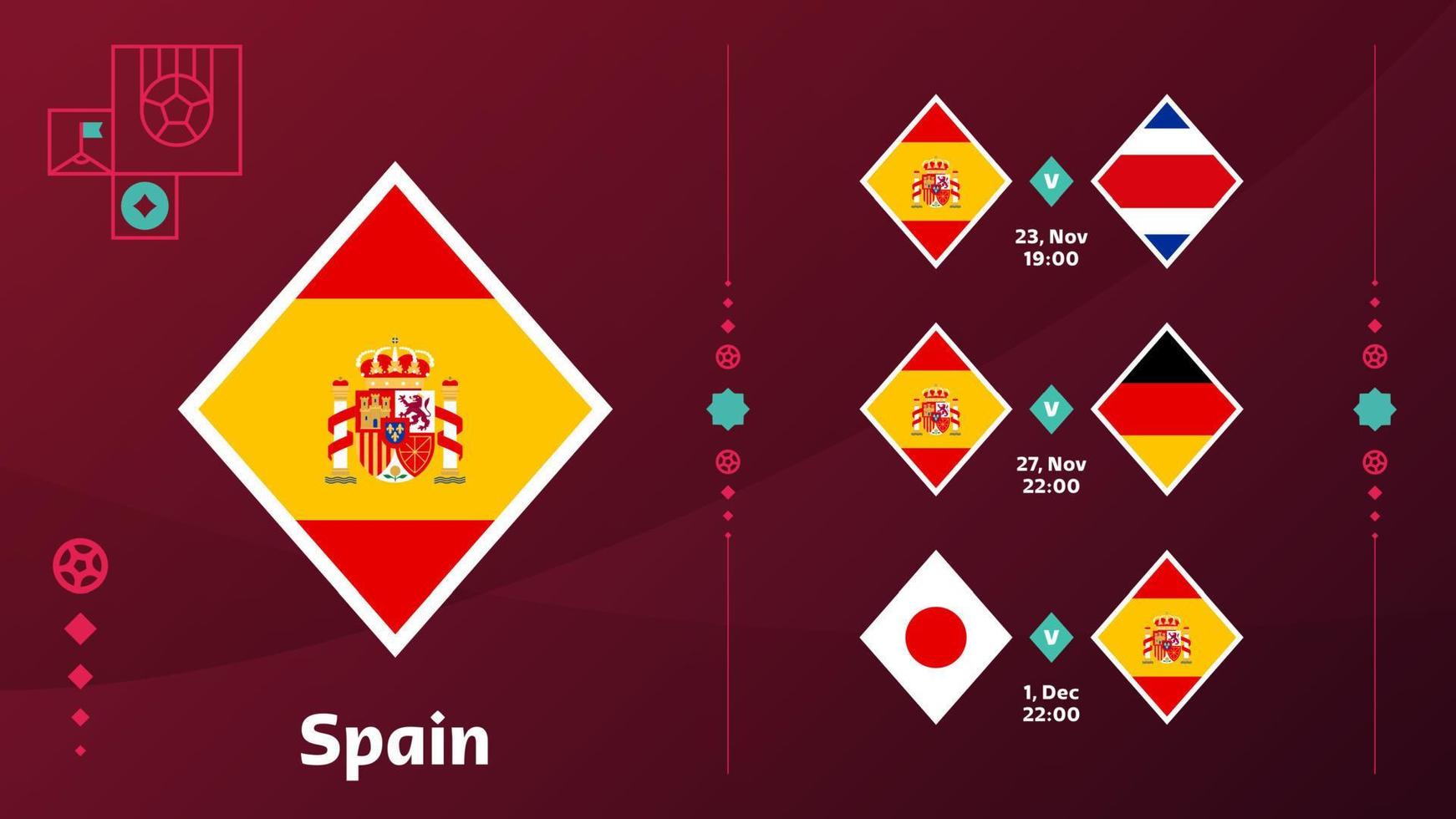 La selección española programa los partidos de la fase final del mundial de fútbol 2022. ilustración vectorial de los partidos de fútbol mundial 2022. vector