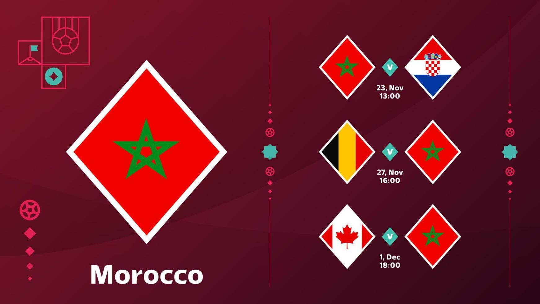 Calendario de partidos de la selección de marruecos en la fase final del campeonato mundial de fútbol de 2022. ilustración vectorial de los partidos de fútbol mundial 2022. vector