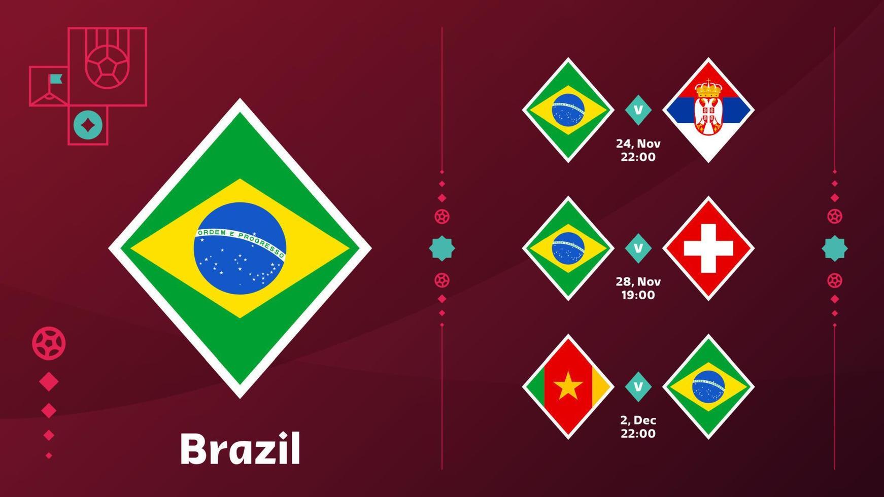 La selección de brasil programa los partidos de la fase final del campeonato mundial de fútbol de 2022. ilustración vectorial de los partidos de fútbol mundial 2022. vector