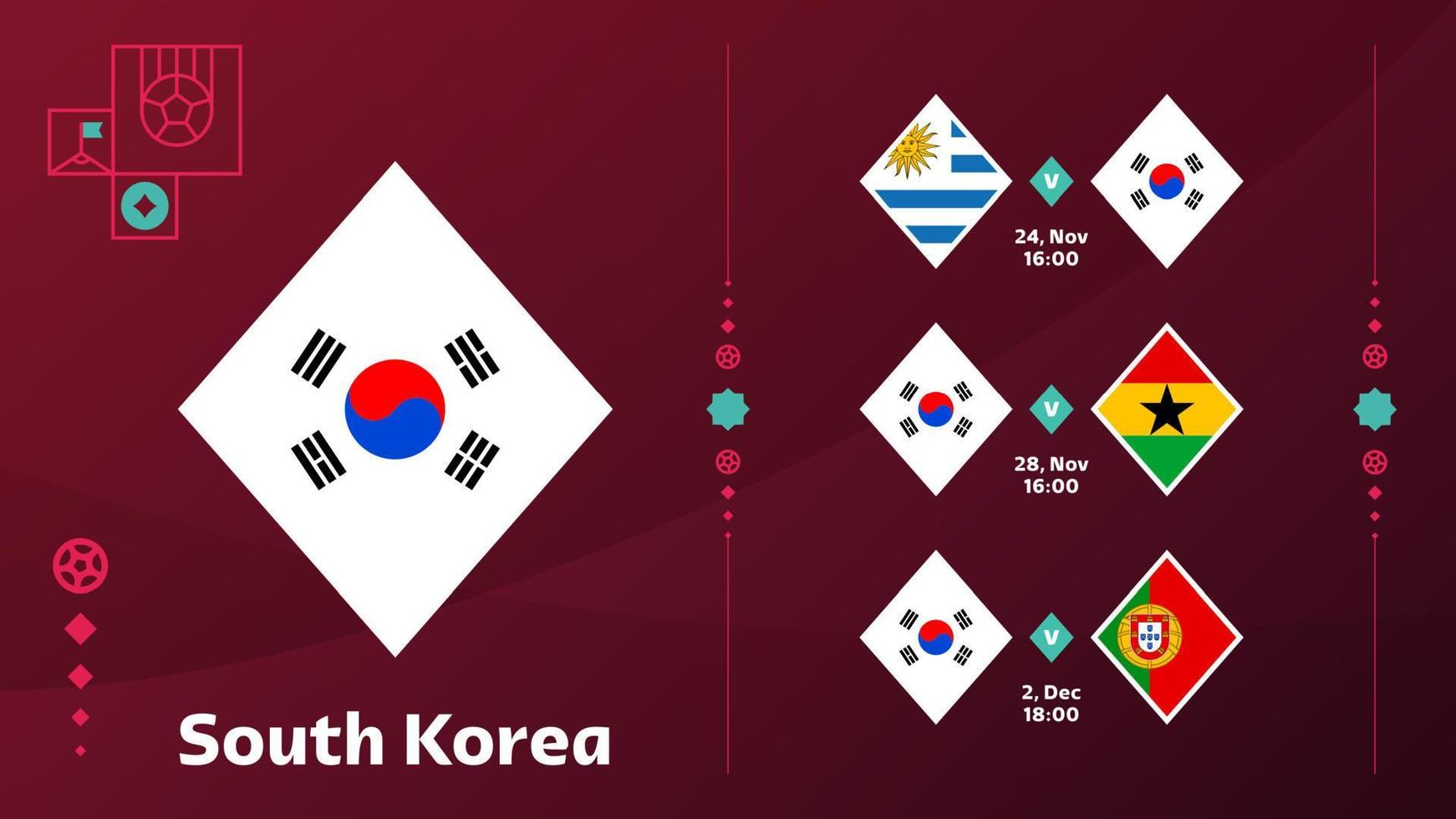 la selección de corea del sur programa los partidos de la fase final del campeonato mundial de fútbol de 2022. ilustración vectorial de los partidos de fútbol mundial 2022. vector