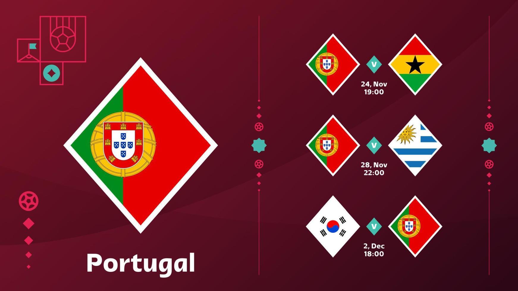 la selección de portugal programa los partidos de la fase final del campeonato mundial de fútbol de 2022. ilustración vectorial de los partidos de fútbol mundial 2022. vector