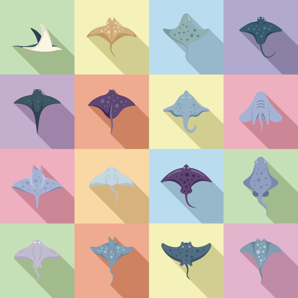 Stingray iconos establecer vector plano. peces de mar