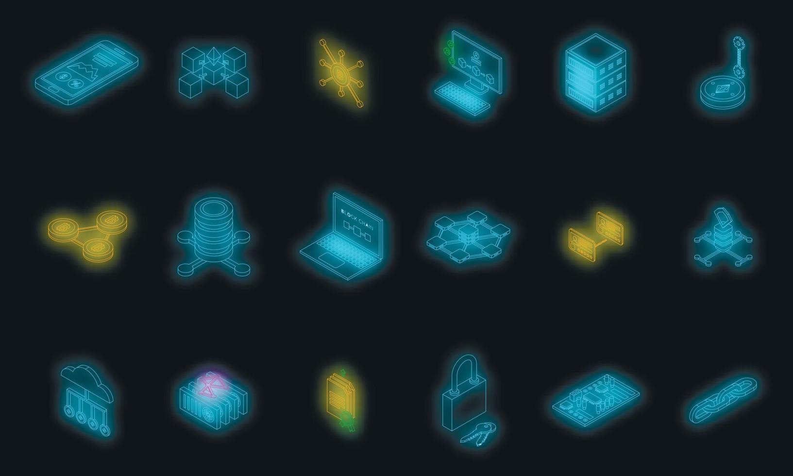 Block chain icons set vector neon