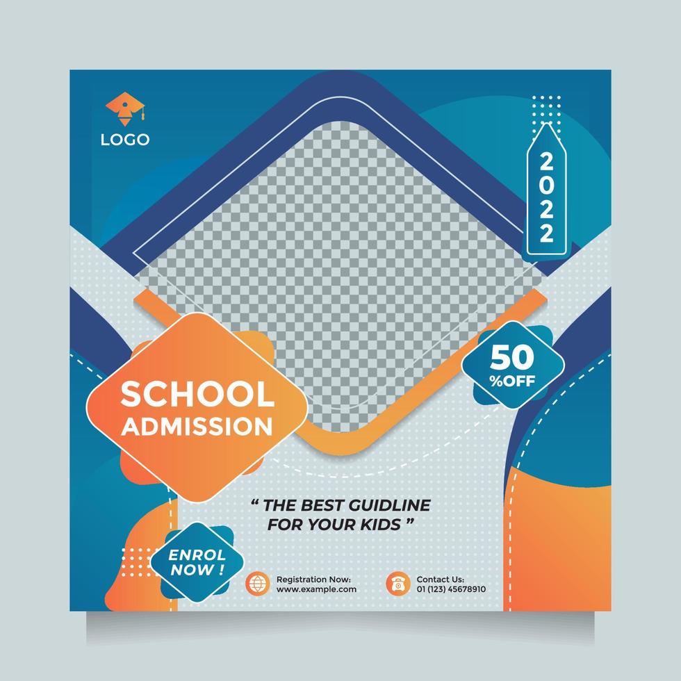 Creative Concept School Education Admission Social Media Post And Banner Template . Modern Blue Orange Square Design Vector With A Image Placeholder. Editable Post Template Banners Promotion