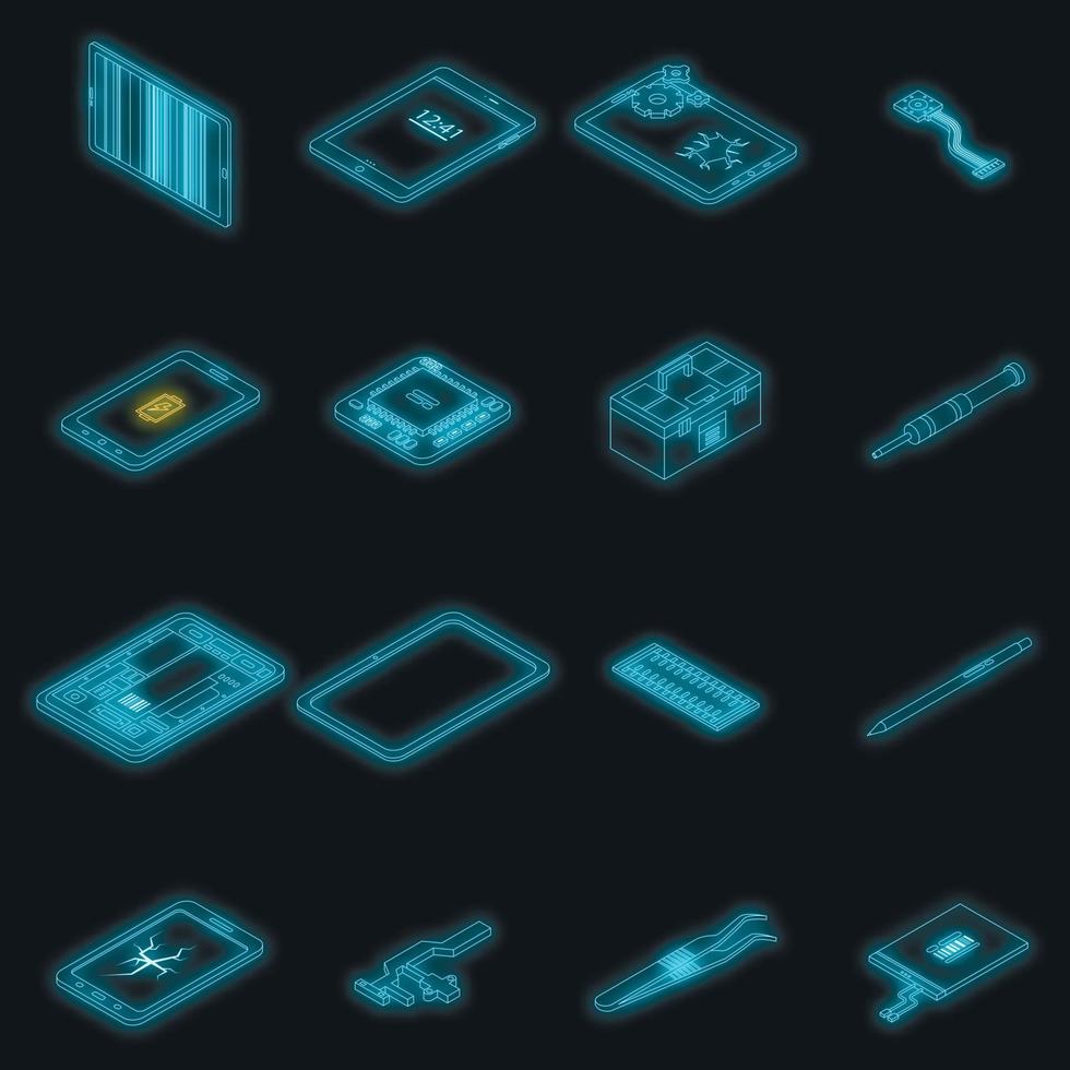 conjunto de iconos de reparación de tabletas neón vectorial vector