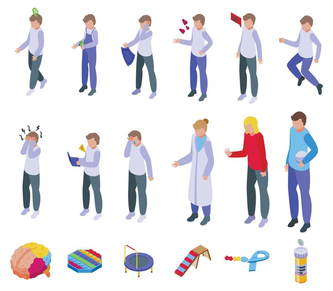 Signs of autism icons set isometric vector. Child symptom vector