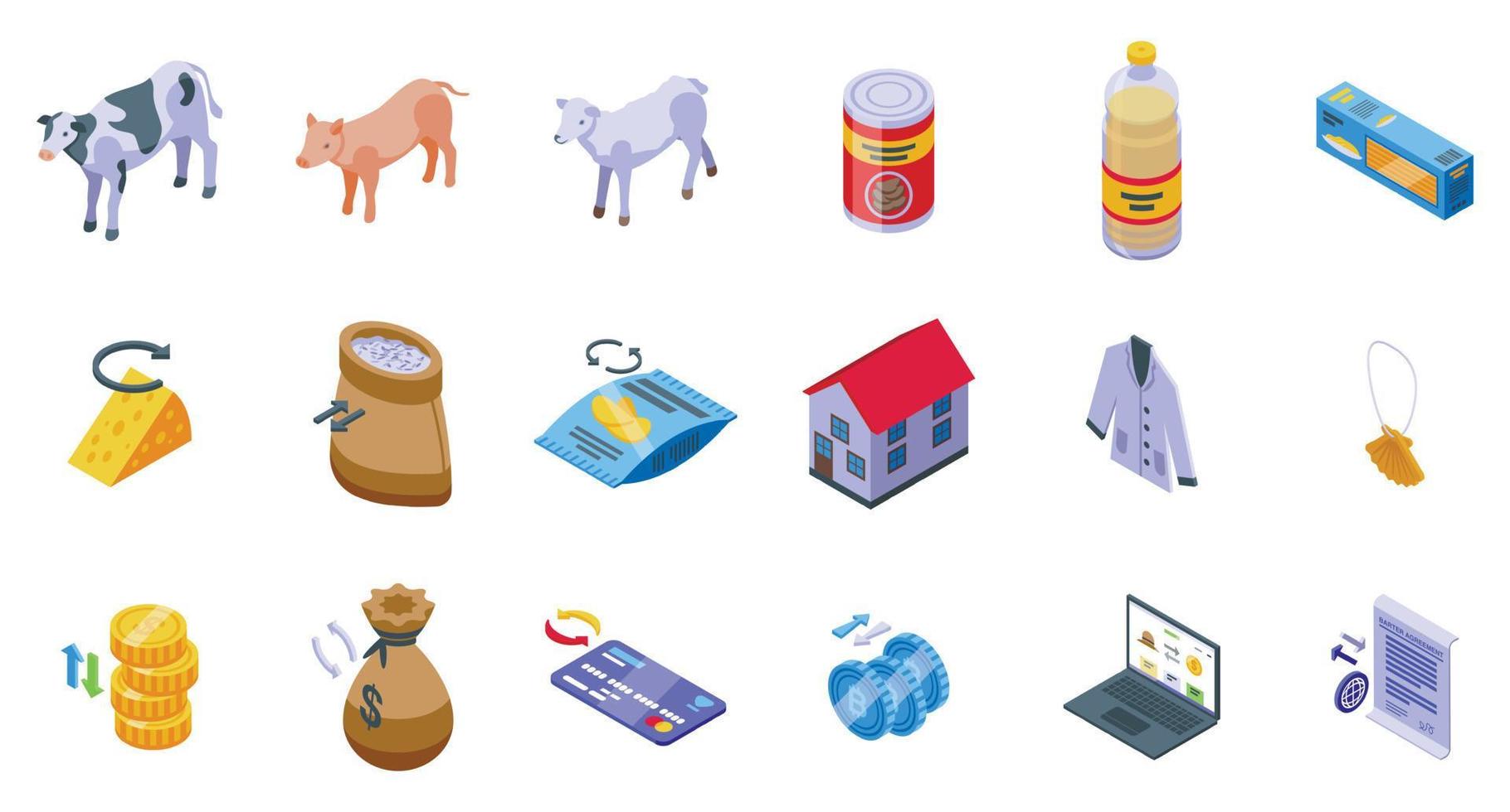 Barter icons set isometric vector. Agriculture change vector