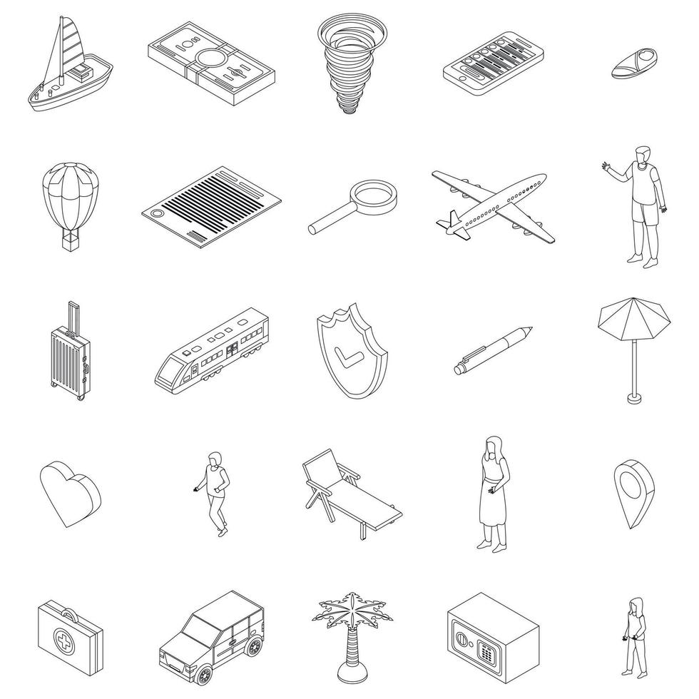 conjunto de iconos de seguro de viaje familiar contorno vectorial vector