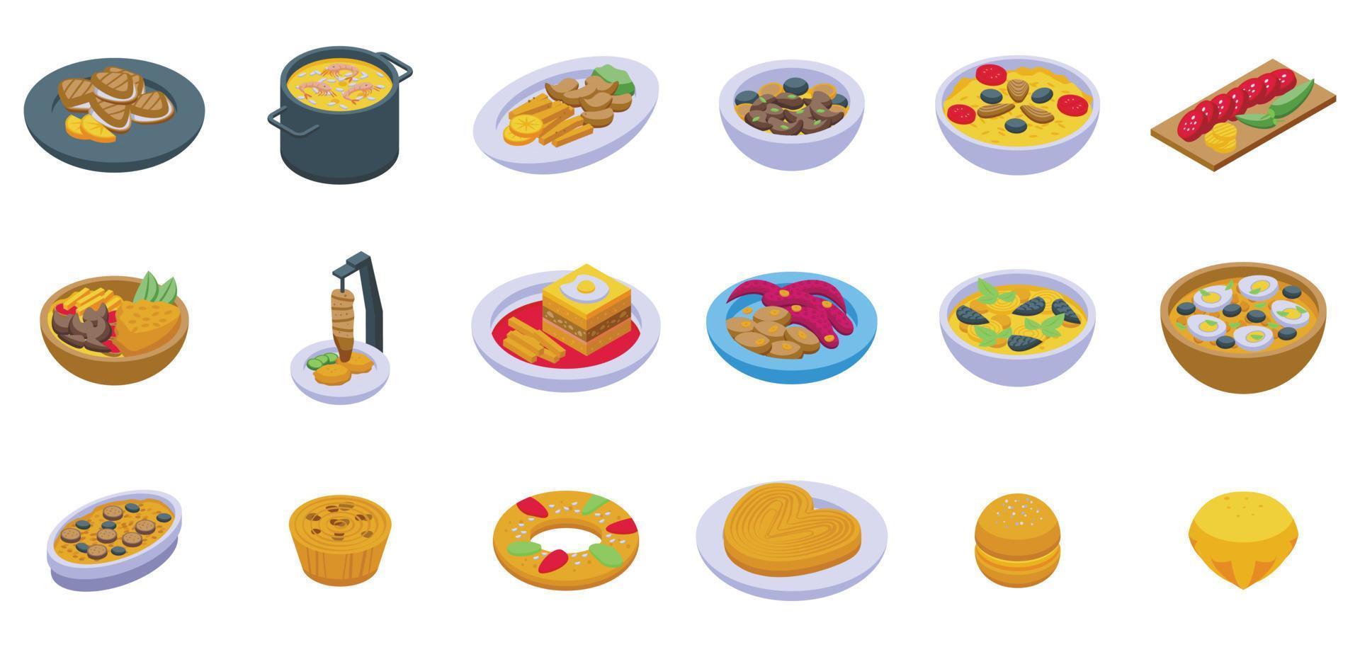 Portuguese cuisine icons set isometric vector. Stew fish vector