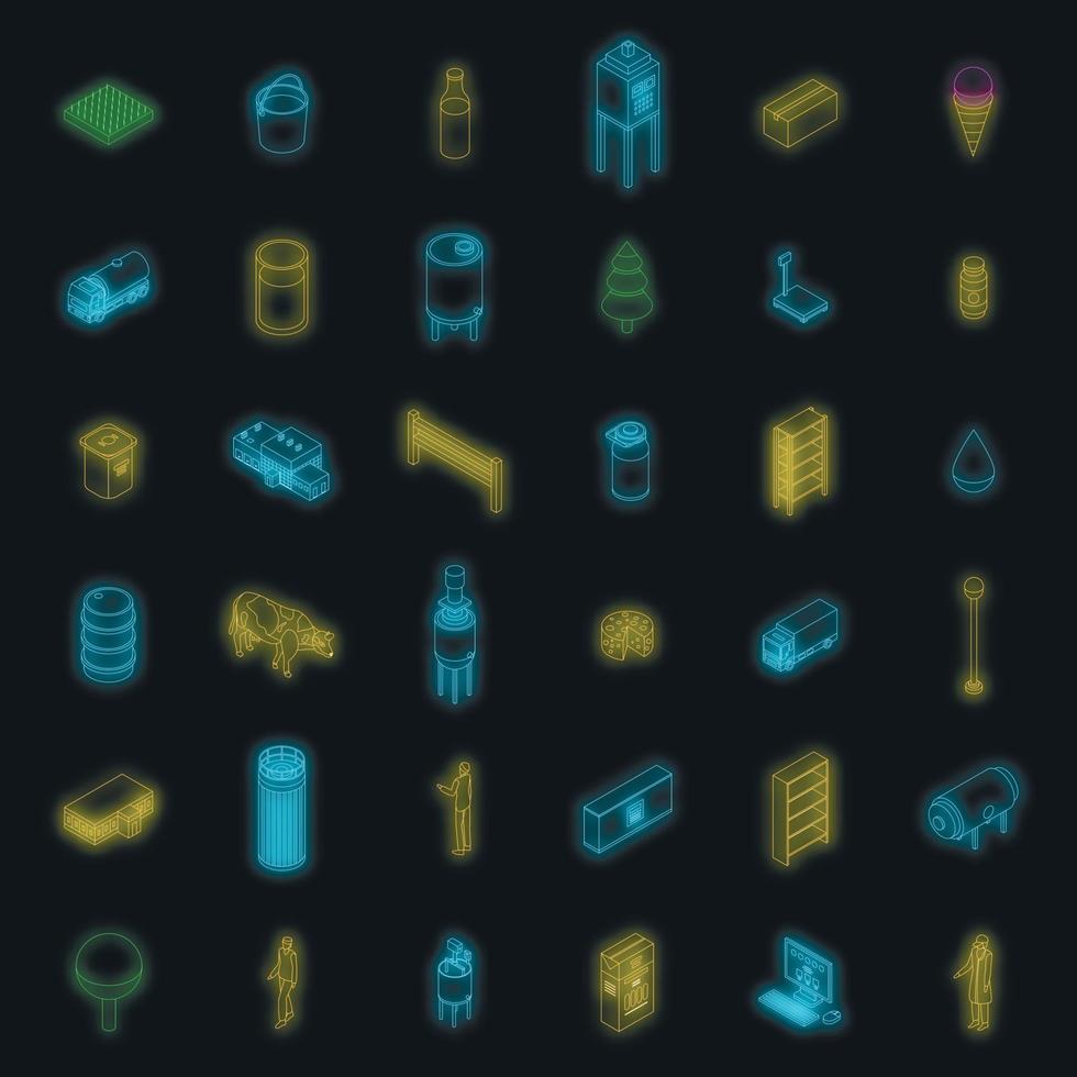 Milk factory icons set vector neon
