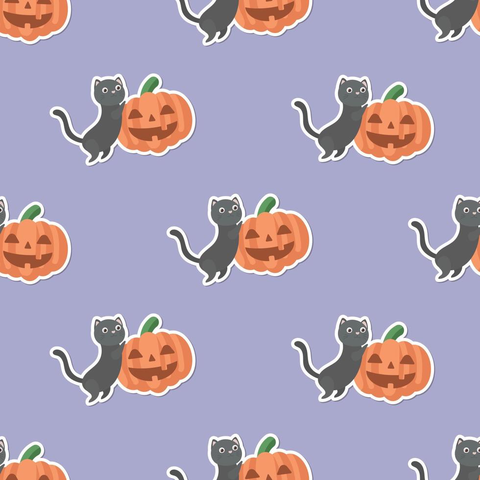 Seamless pattern of cute kitty cat with Halloween cartoon in flat style vector