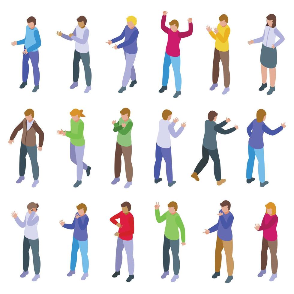 People talking with hand gesture icons set isometric vector. Say people vector