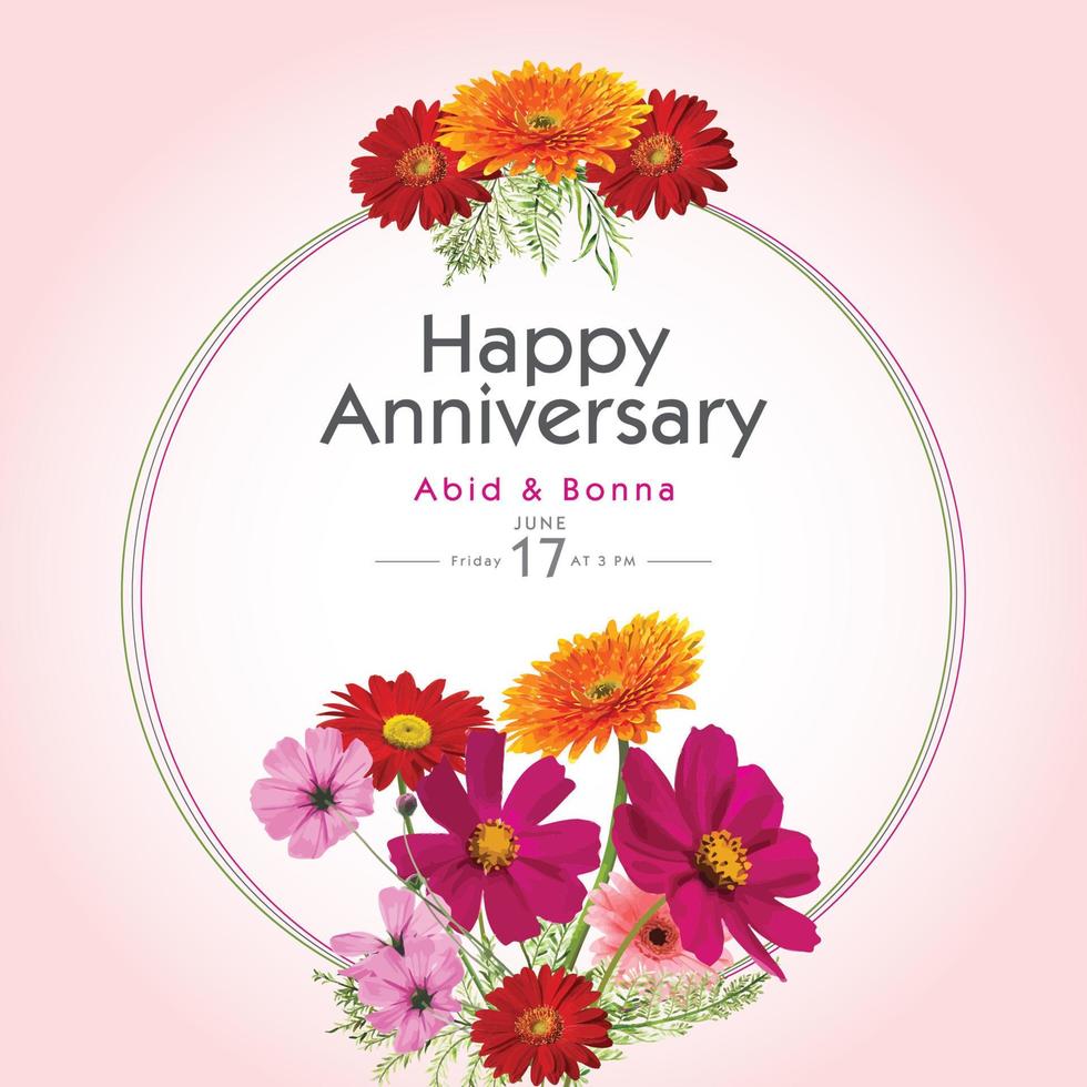 Red, pink and yellow cosmos flower gorgeous anniversary card vector