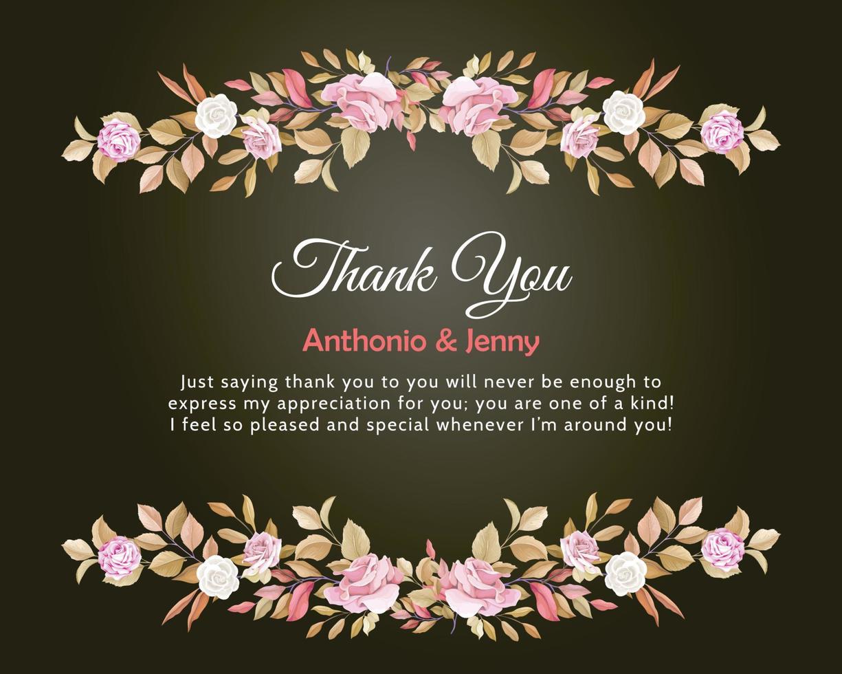 rosa rosa y hojas marrones hermosa tarjeta de agradecimiento vector
