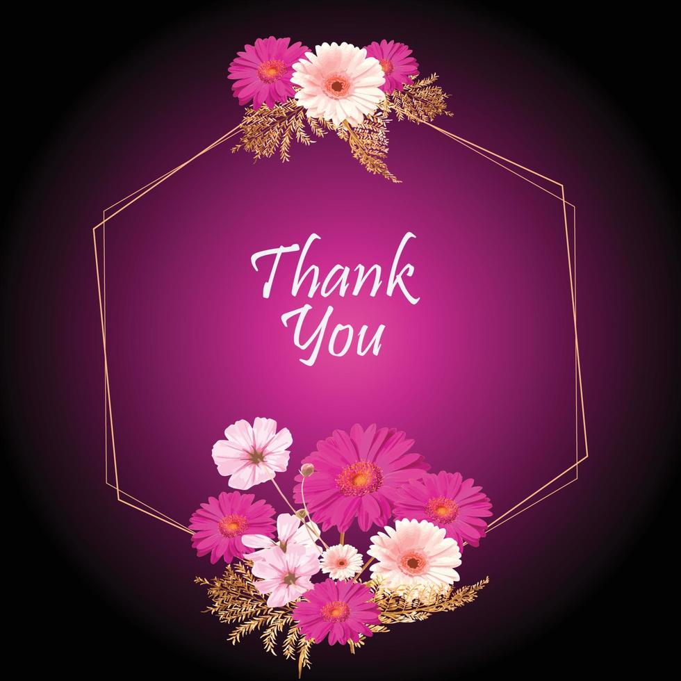 White and pink cosmos flower thank you card with golden leaves and polygon design vector