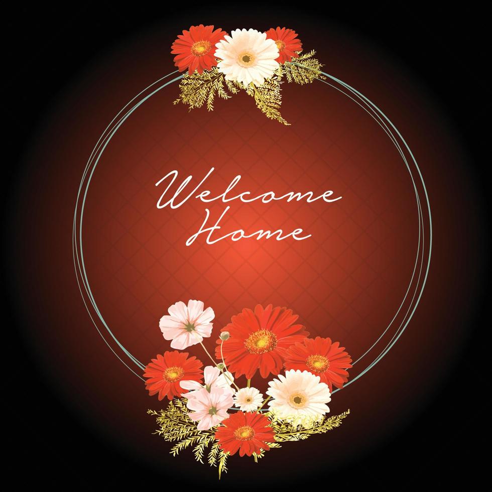 Red and white cosmos flower welcome card with golden leaves and round design vector