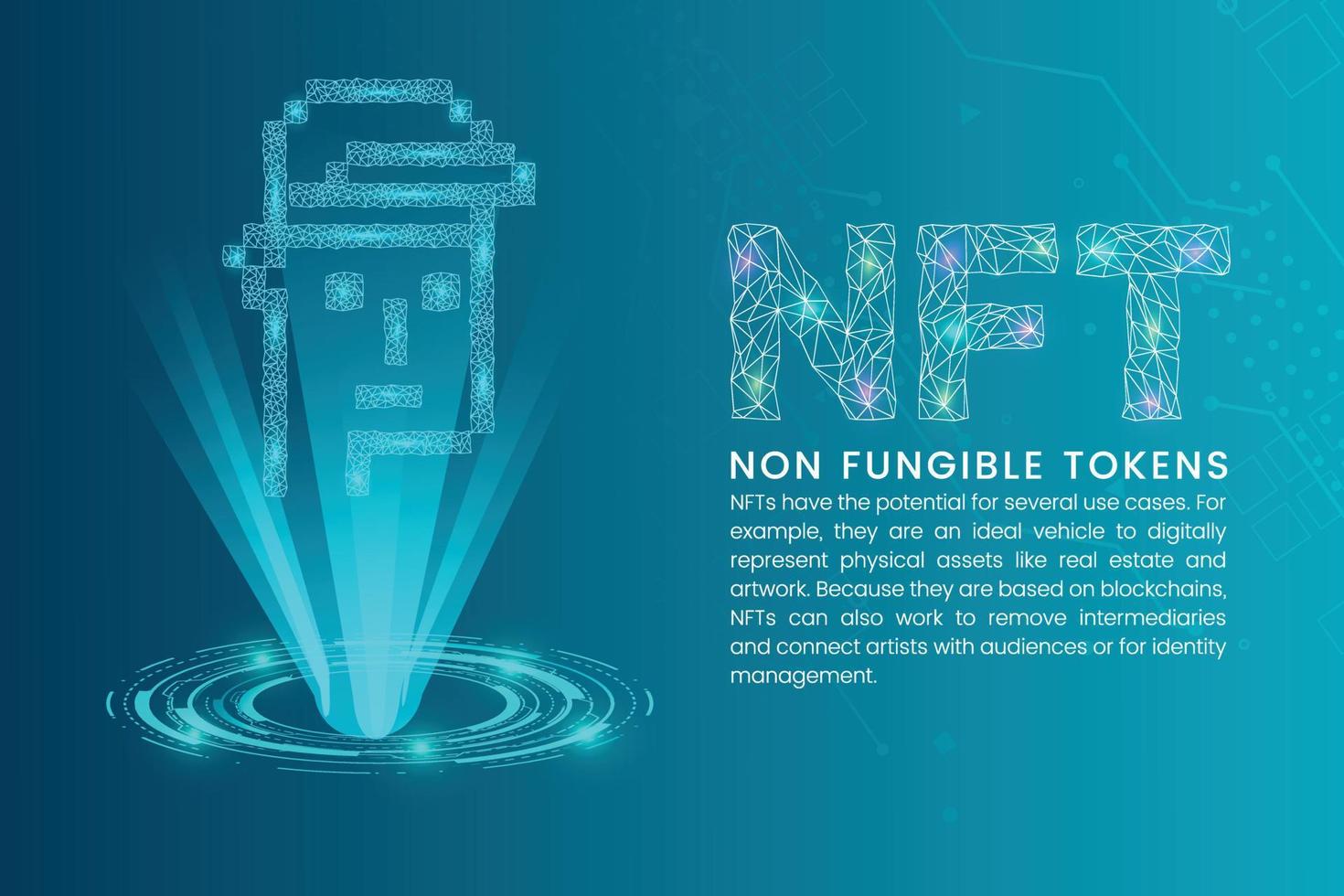 NFT non-fungible tokens web banner concept with node connected NFT monkey cartoon and RFB futuristic light vector
