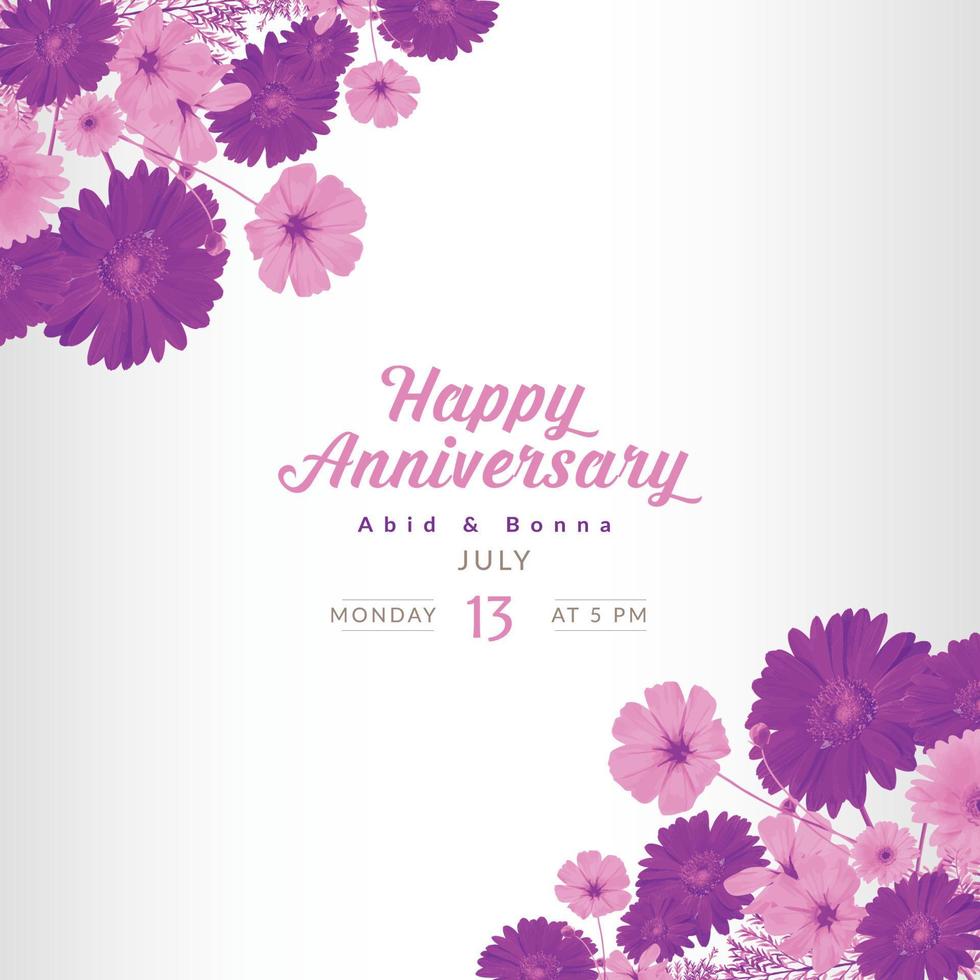 tarjeta de aniversario de flor de cosmos púrpura y rosa claro vector