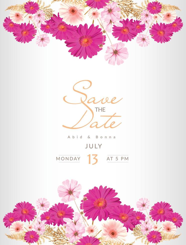 Deep and light pink cosmos with gold leaves save the date card vector