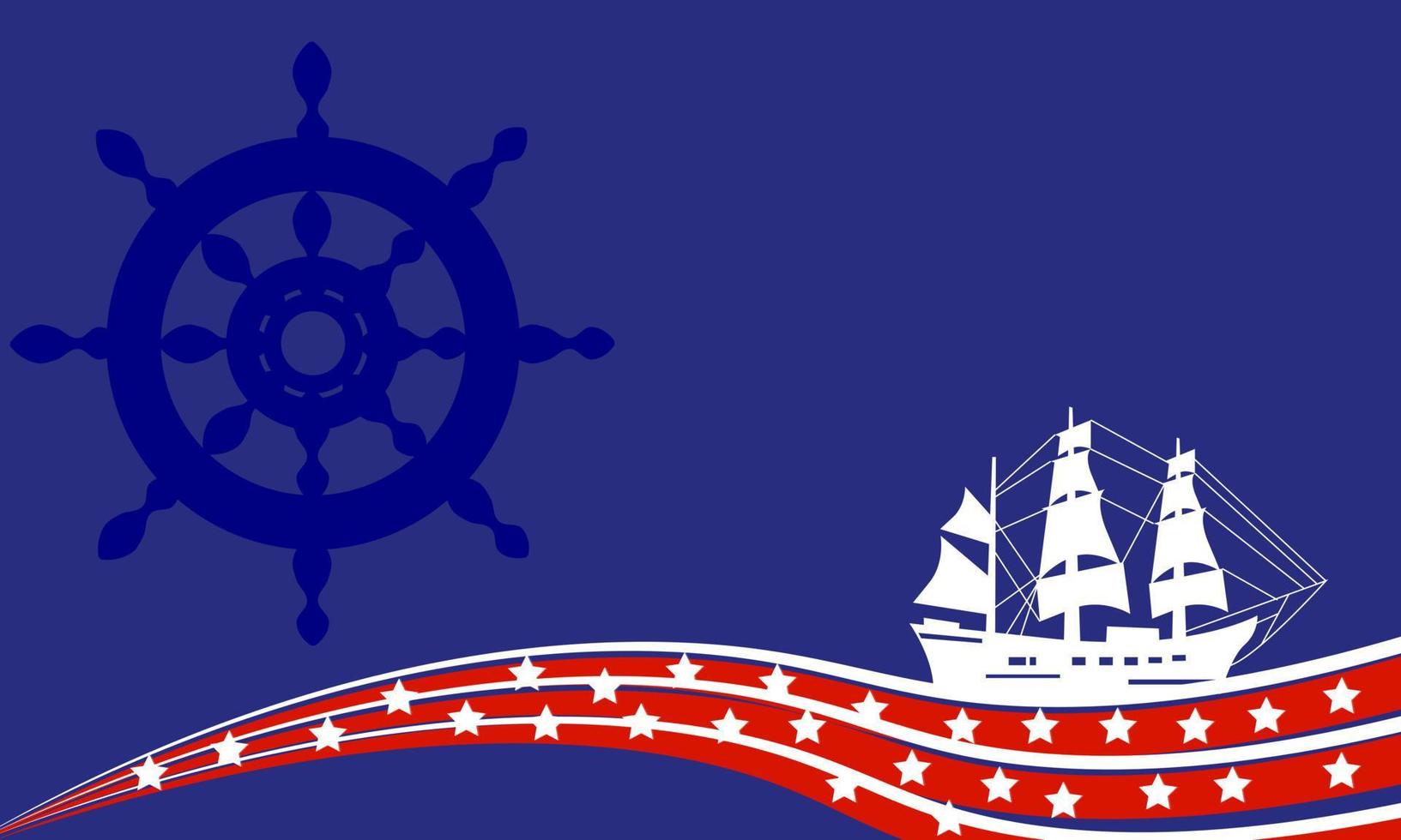 Columbus Day Background with Ship Silhouette, Steering Wheel, star elements and Copy Space Area. Suitable to be placed on content with that theme. vector