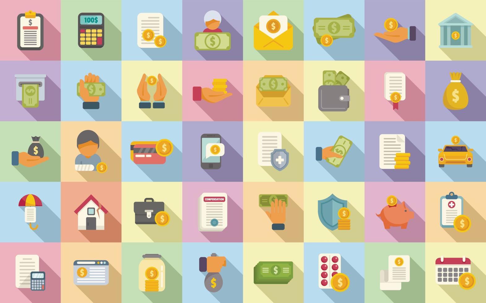 Compensation icons set flat vector. Pension money vector