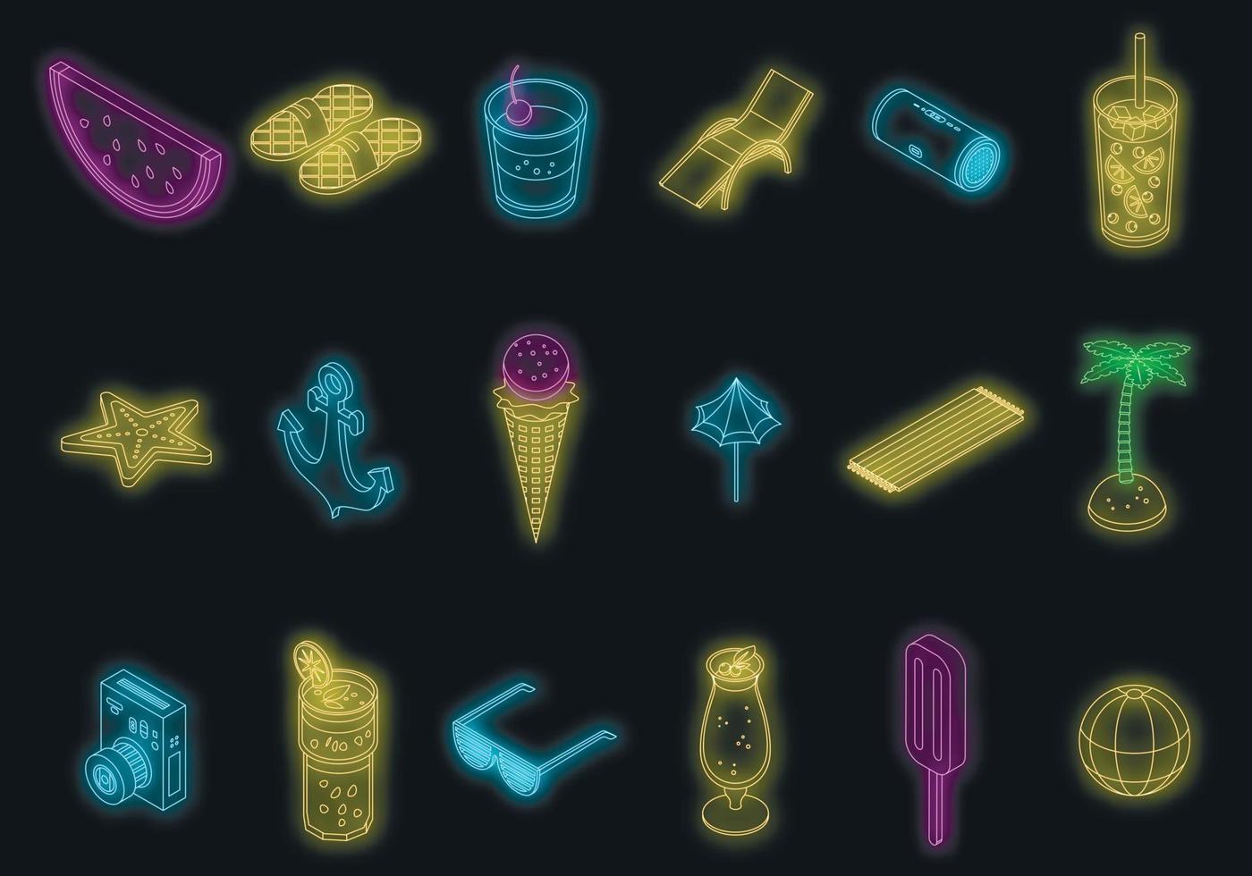 Summer party icons set vector neon